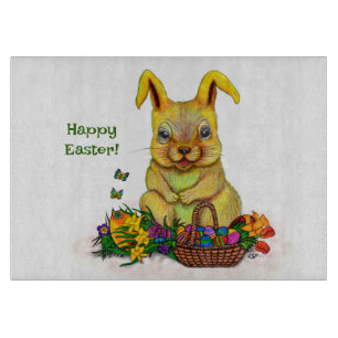 Cute Easter Rabbit with Eggs and Flowers Cutting Board