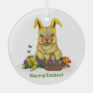 Cute Easter Rabbit with Eggs and Flowers Glass Tree Decoration
