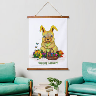 Cute Easter Rabbit with Eggs and Flowers Hanging Tapestry