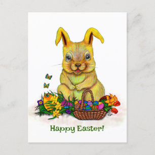 Cute Easter Rabbit with Eggs and Flowers Holiday Postcard