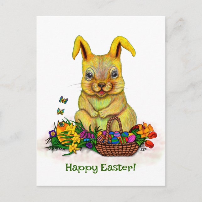 Cute Easter Rabbit with Eggs and Flowers Holiday Postcard (Front)