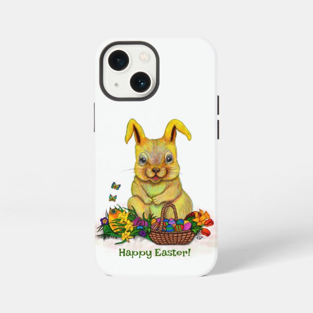 Cute Easter Rabbit with Eggs and Flowers iPhone Case (Back)