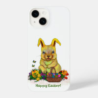 Cute Easter Rabbit with Eggs and Flowers