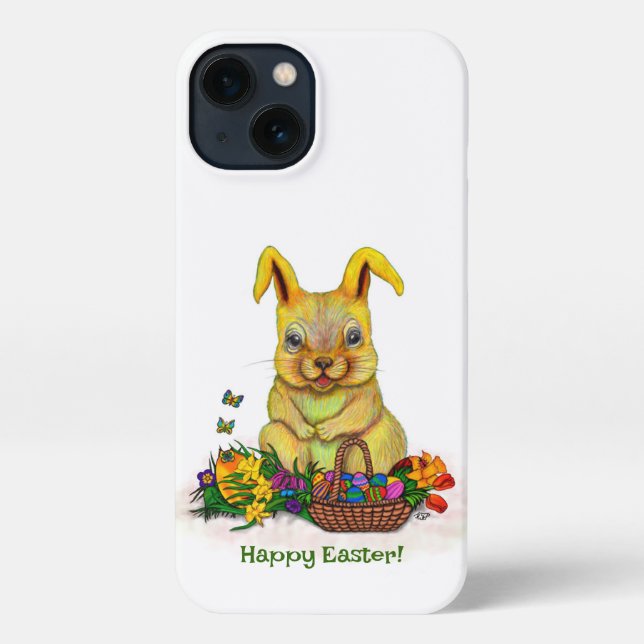 Cute Easter Rabbit with Eggs and Flowers iPhone Case (Back)