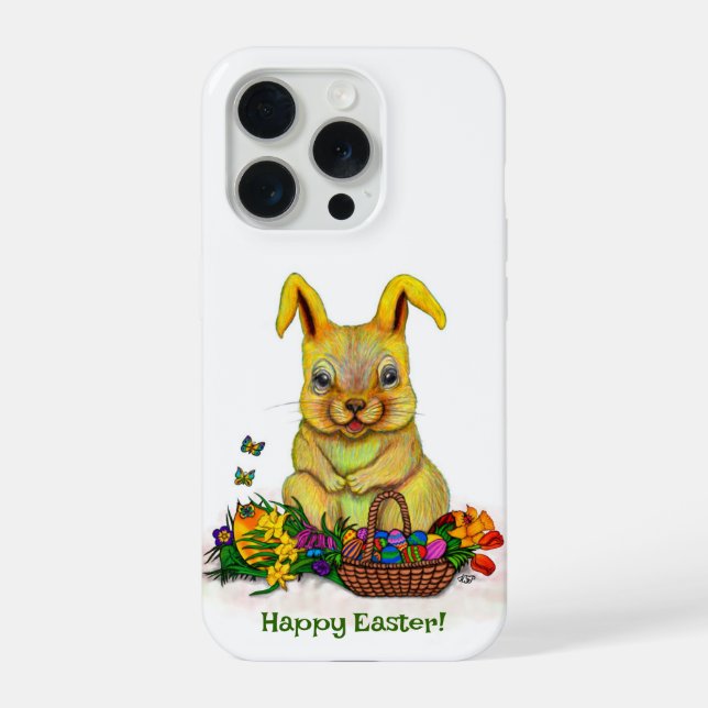 Cute Easter Rabbit with Eggs and Flowers iPhone Case (Back)