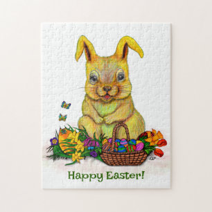 Cute Easter Rabbit with Eggs and Flowers Jigsaw Puzzle