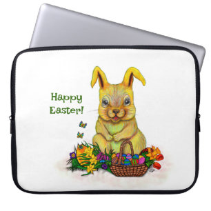 Cute Easter Rabbit with Eggs and Flowers Laptop Sleeve
