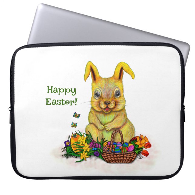 Cute Easter Rabbit with Eggs and Flowers Laptop Sleeve (Front)