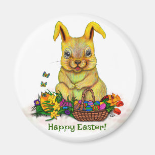 Cute Easter Rabbit with Eggs and Flowers Magnet
