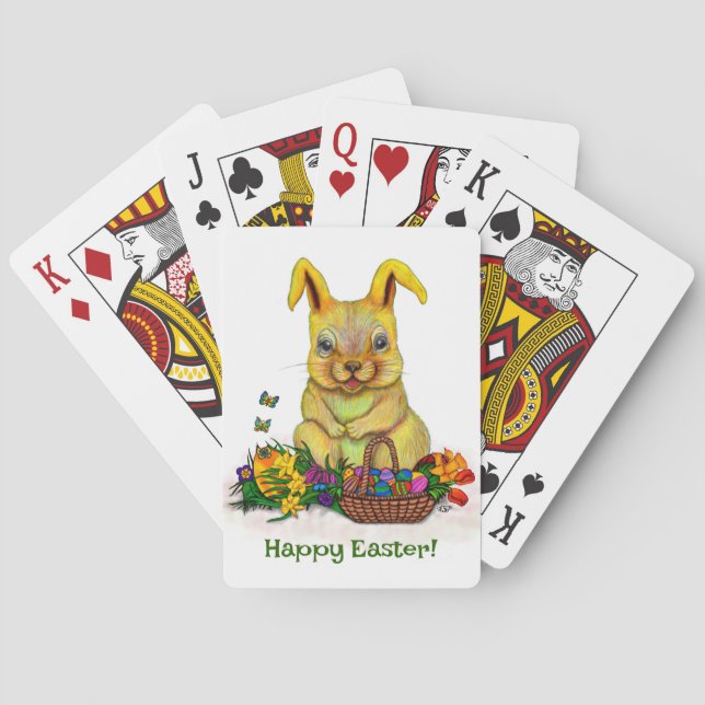 Cute Easter Rabbit with Eggs and Flowers Playing Cards (Back)