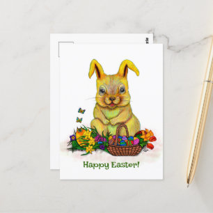 Cute Easter Rabbit with Eggs and Flowers Postcard