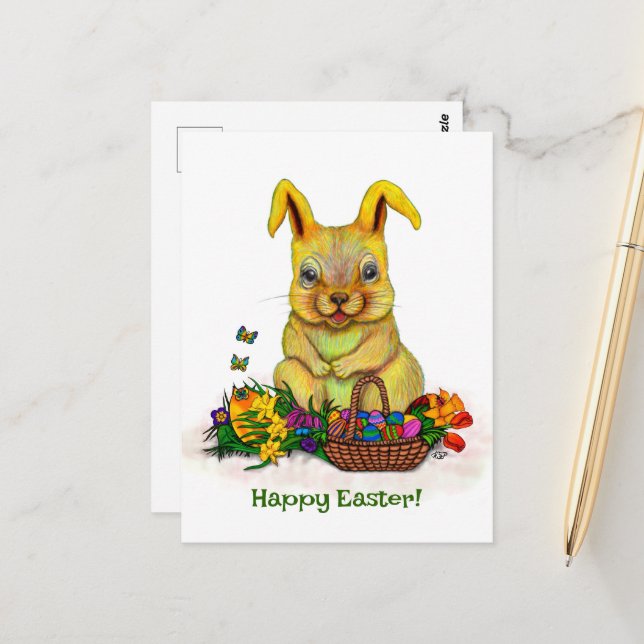Cute Easter Rabbit with Eggs and Flowers Postcard (Front/Back In Situ)