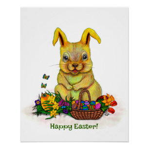 Cute Easter Rabbit with Eggs and Flowers Poster
