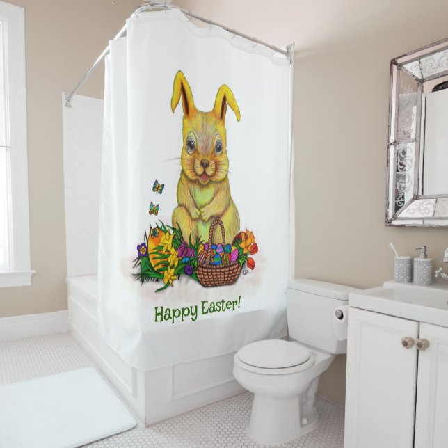 Cute Easter Rabbit with Eggs and Flowers Shower Curtain (In Situ)