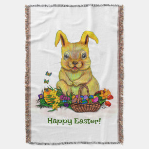 Cute Easter Rabbit with Eggs and Flowers Throw Blanket
