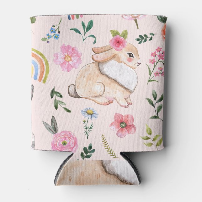 Cute Easter Rabbits Floral Pattern Can Cooler (Front)