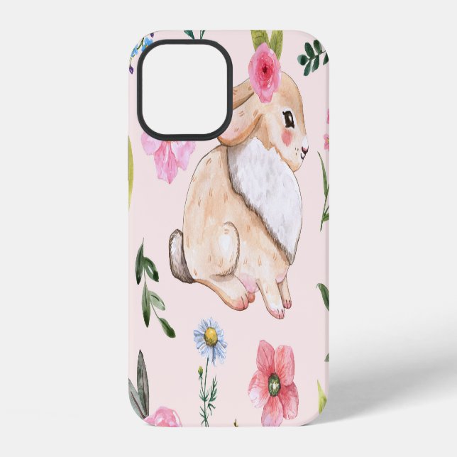 Cute Easter Rabbits Floral Pattern iPhone Case (Back)