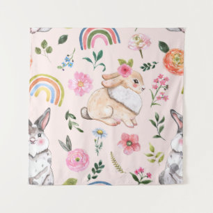 Cute Easter Rabbits Floral Pattern Tapestry