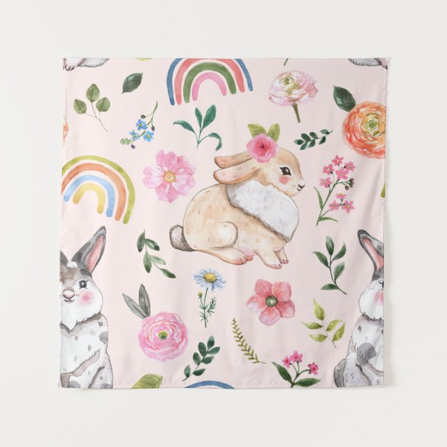 Cute Easter Rabbits Floral Pattern Tapestry (Front)