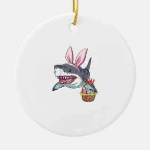 Cute Easter Shark Bunny Ears Basket Eggs Happy Eas Ceramic Ornament