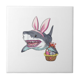 Cute Easter Shark Bunny Ears Basket Eggs Happy Eas Ceramic Tile