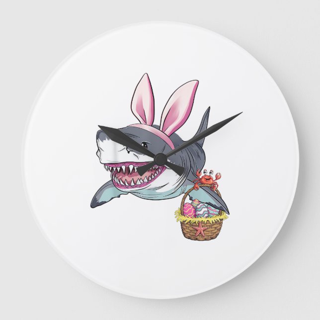 Cute Easter Shark Bunny Ears Basket Eggs Happy Eas Large Clock (Front)