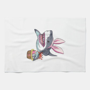 Cute Easter Shark Bunny Ears Basket Eggs Happy Eas Tea Towel