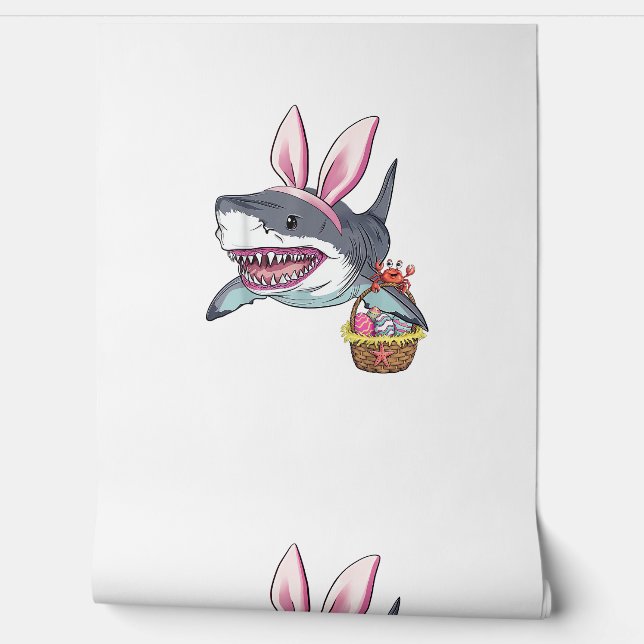 Cute Easter Shark Bunny Ears Basket Eggs Happy Eas Wallpaper (Unrolling)