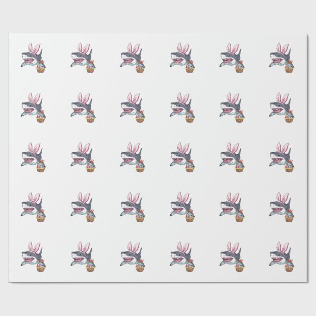 Cute Easter Shark Bunny Ears Basket Eggs Happy Eas Wrapping Paper (Flat)