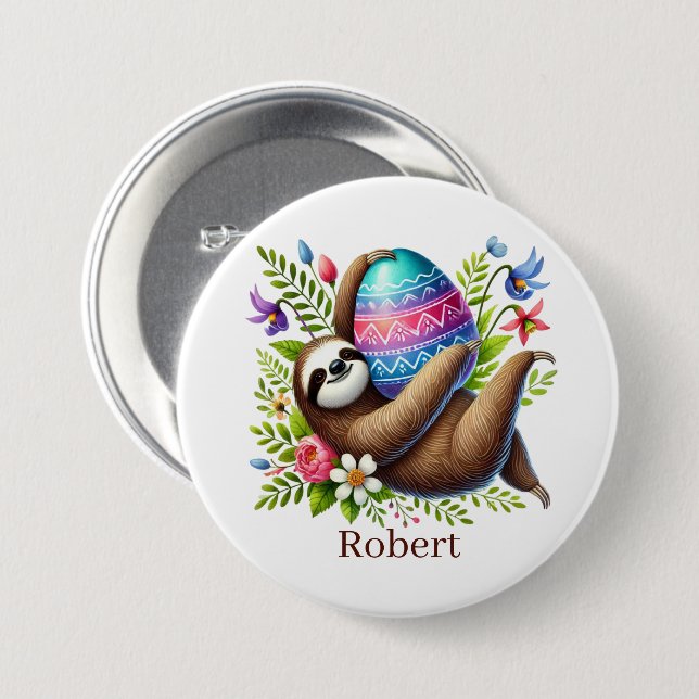 Cute Easter sloth add name party 7.5 Cm Round Badge (Front & Back)