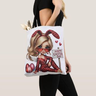 CUTE EASTER THEMED BLONDE GIRL WITH EGGS & WINE TOTE BAG