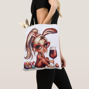 CUTE EASTER THEMED BLONDE GIRL WITH EGGS & WINE TOTE BAG