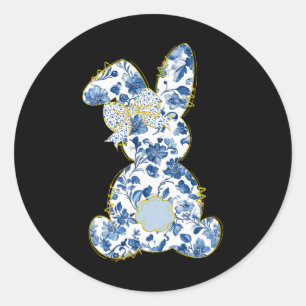 Cute Easter Toile Chinoiserie Blue Floral Bunny Co Classic Round Sticker