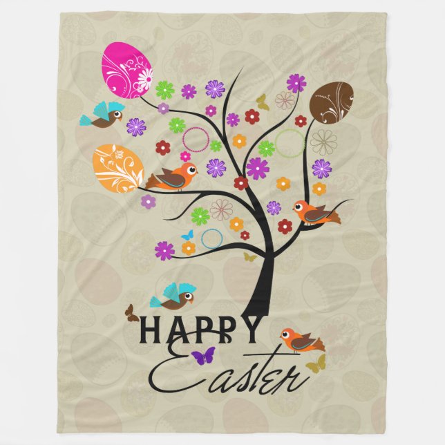 Cute Easter Tree Made With Eggs & Birds Fleece Blanket (Front)