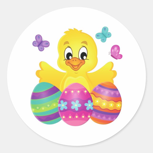 Cute Easter Yellow Chicken with Colourful Eggs  Classic Round Sticker (Front)