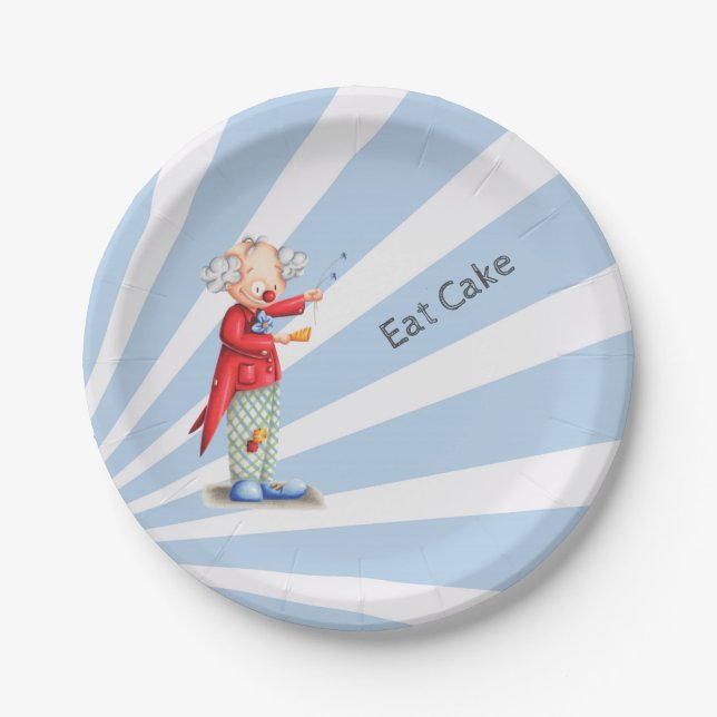 Cute Eat Cake Blue Sunburst with Circus Clown Paper Plate (Front)