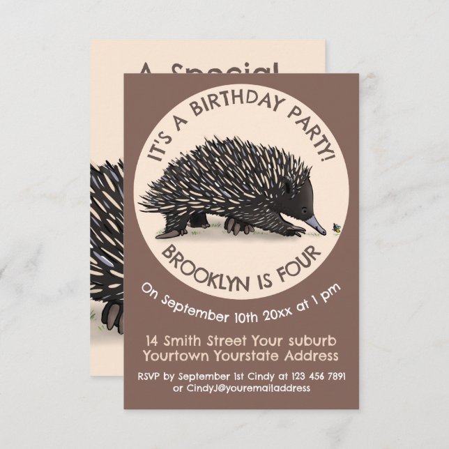 Cute echidna and bee cartoon birthday invitation (Front/Back)