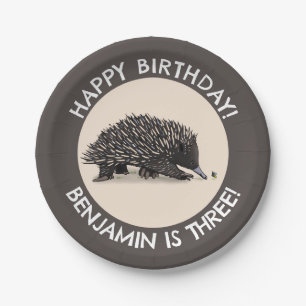Cute echidna and bee cartoon personalised birthday paper plate