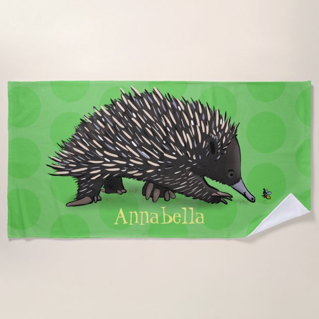 Cute echidna with bee cartoon illustration beach towel (Front)