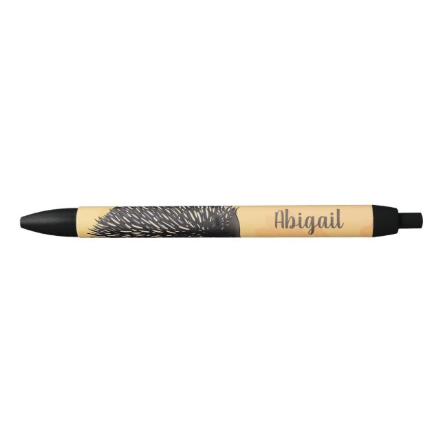 Cute echidna with bee cartoon illustration black ink pen (Front)