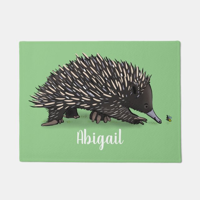 Cute echidna with bee cartoon illustration doormat (Front)