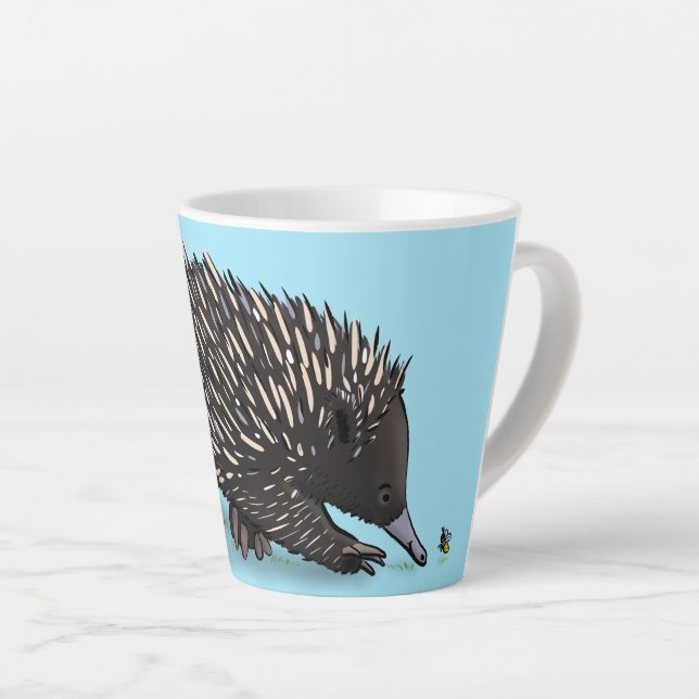 Cute echidna with bee cartoon illustration latte mug (Right Angle)