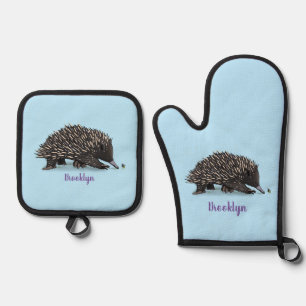 Cute echidna with bee cartoon illustration oven mitt & pot holder set