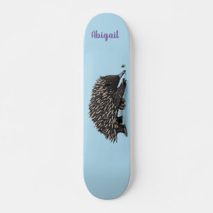 Cute echidna with bee cartoon illustration skateboard