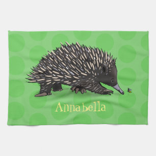 Cute echidna with bee cartoon illustration tea towel