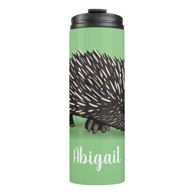 Cute echidna with bee cartoon illustration thermal tumbler (Front)