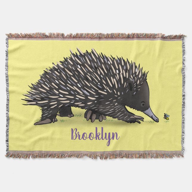Cute echidna with bee cartoon illustration throw blanket (Front)