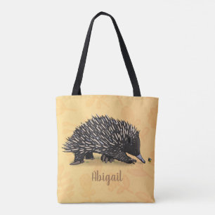 Cute echidna with bee cartoon illustration tote bag
