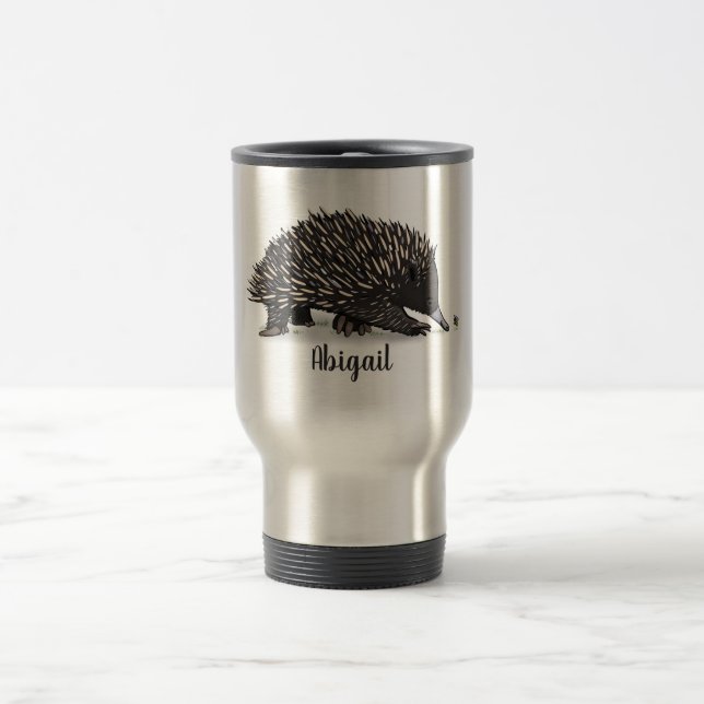 Cute echidna with bee cartoon illustration travel mug (Center)