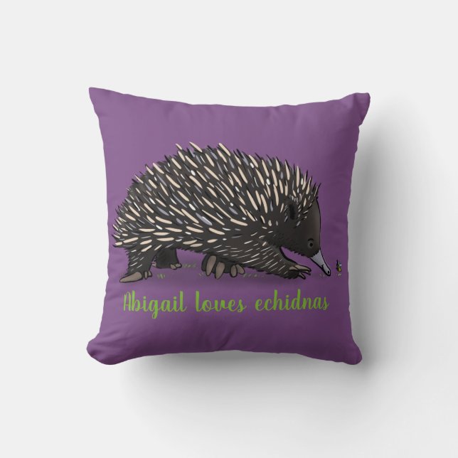 Cute echidna with bee cartoon purple design cushion (Front)